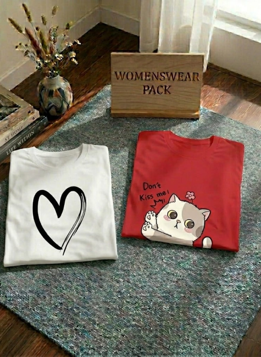 Women’s Cute Graphic Tee Pack – Heart Print & Cat Cartoon Casual Summer T-Shirts for Girls