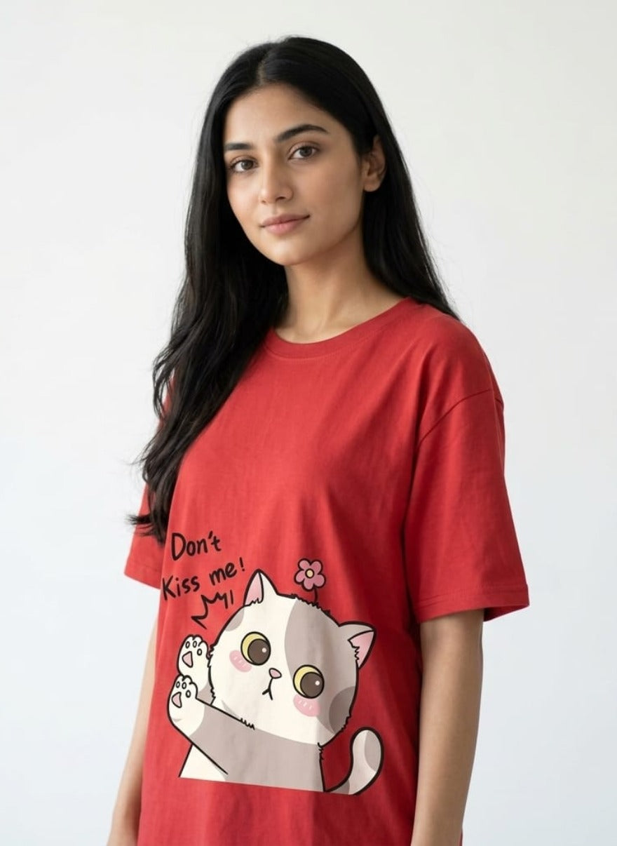 Women’s Cute Graphic Tee Pack – Heart Print & Cat Cartoon Casual Summer T-Shirts for Girls