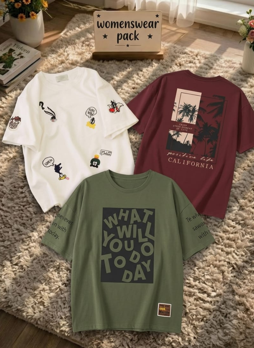 Women's Premium Graphic T-Shirt Bundle | 3-Pack Casual Cotton Tees | Cartoon & California Print