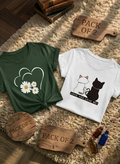 Pack of 2 Women's Casual Printed T-Shirts - Daisy Heart & Cat Couple Design