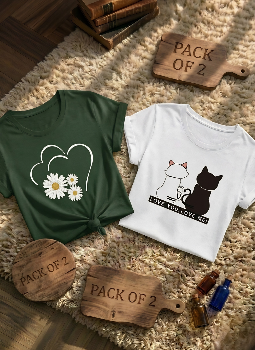 Pack of 2 Women's Casual Printed T-Shirts - Daisy Heart & Cat Couple Design