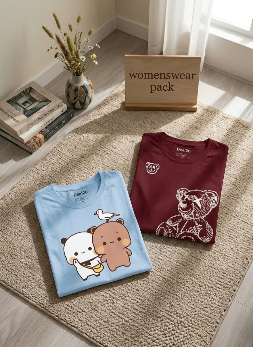 Cartoon Vibe Women’s T-Shirt Duo – Comfortable Casual Wear Set