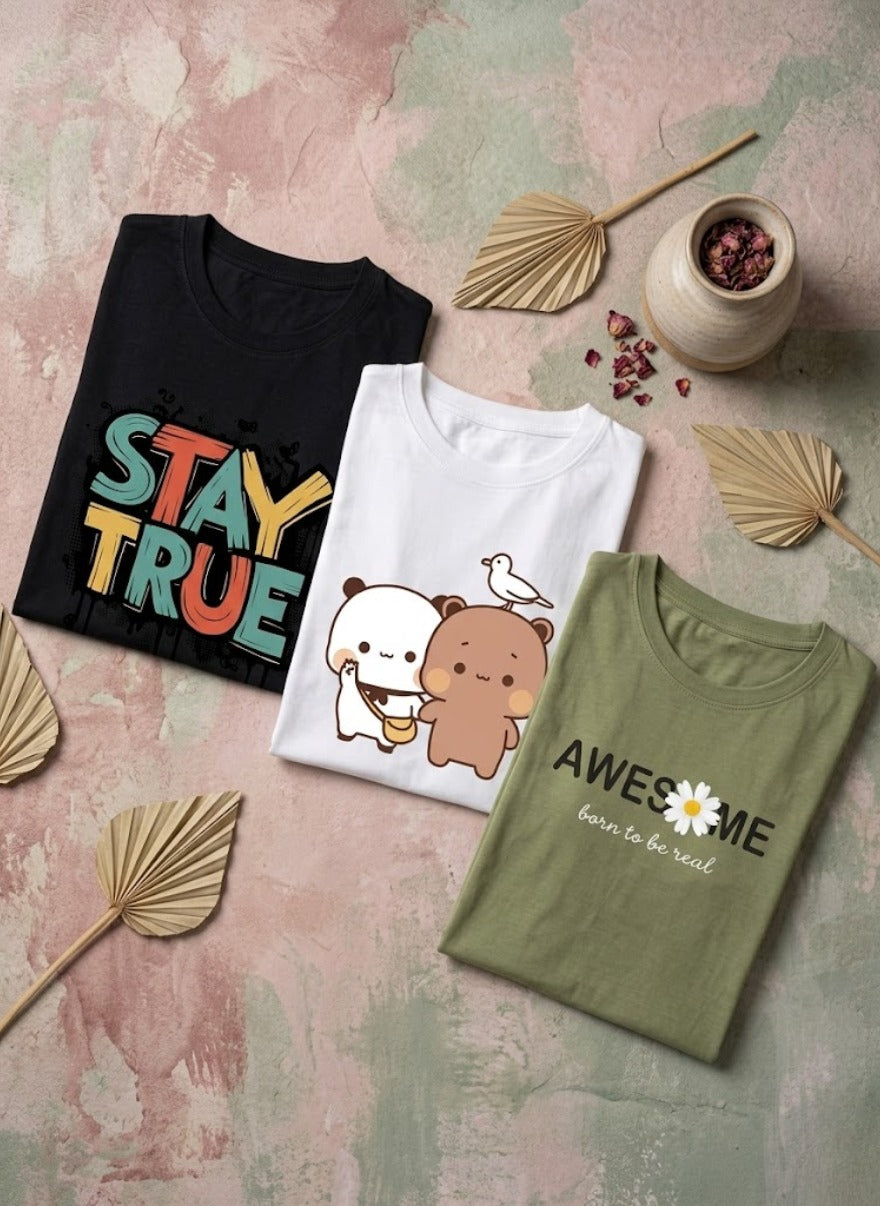 Women’s Aesthetic Graphic Tee Set – Cute Cartoon & Slogan Pack
