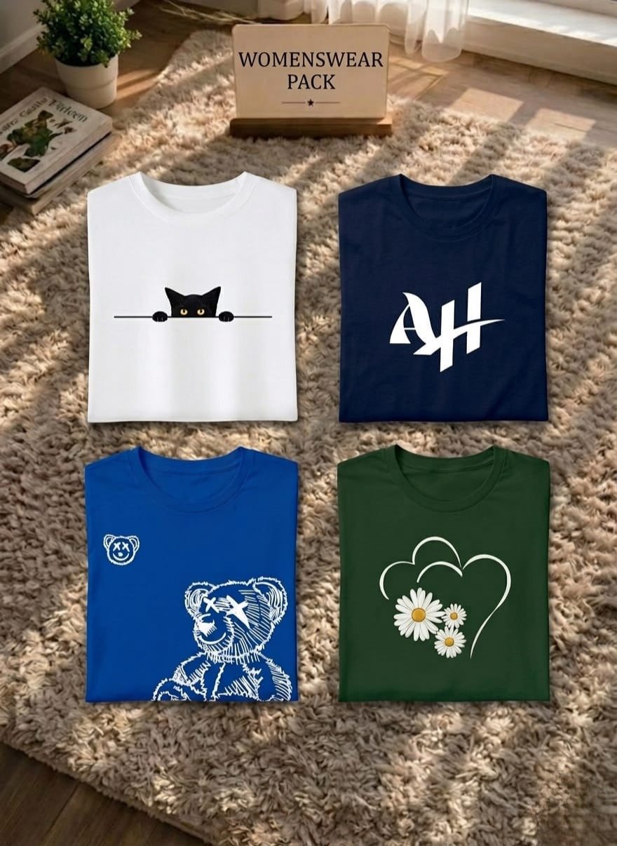Cute Aesthetic Women’s Tee Bundle – Modern Graphic Summer T-Shirts for Women Pack of 4