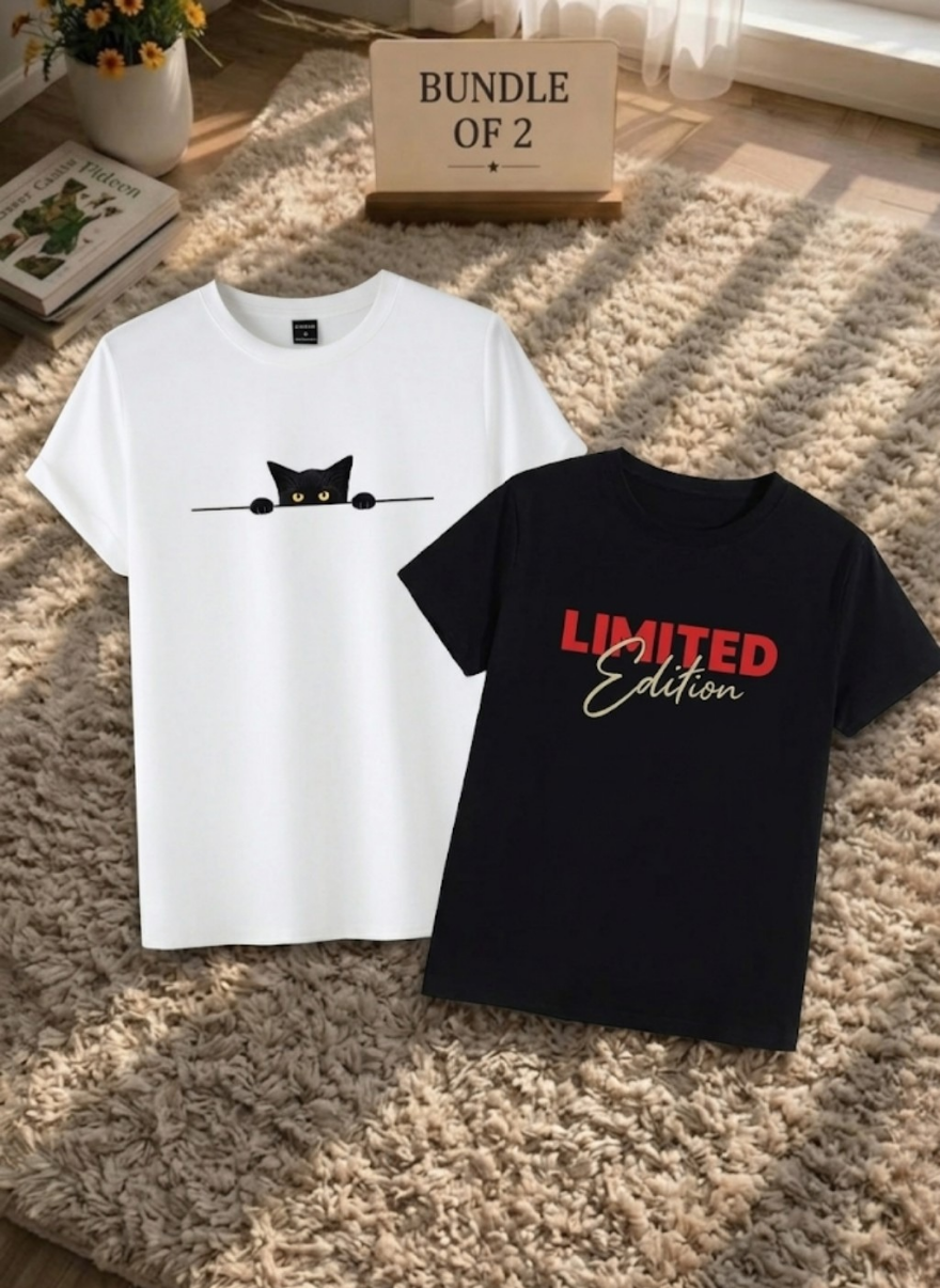 Women’s Cute Cat & Limited Edition T-Shirt Combo (Pack of 2) – Stylish Summer Casual Wear