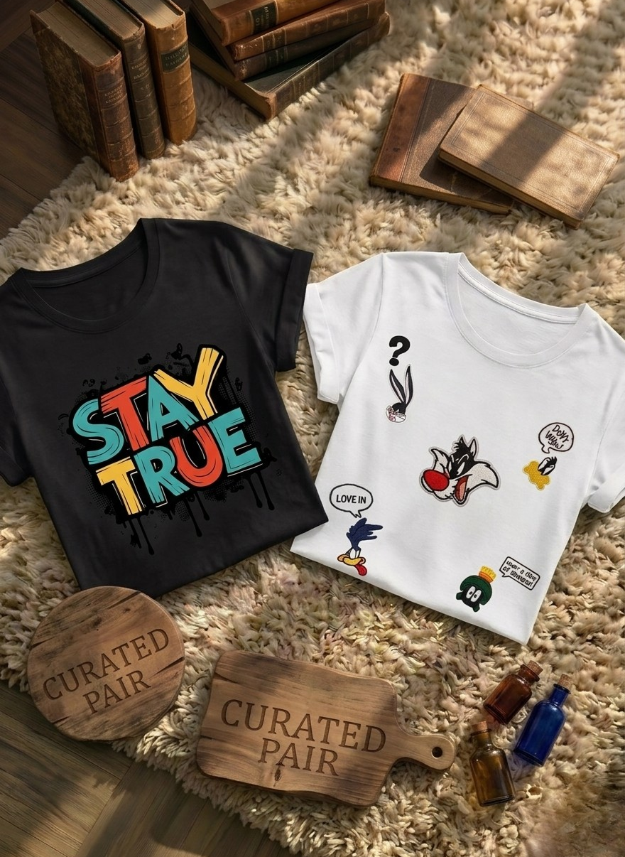 Women's Cotton T-Shirt Combo Pack of 2 - Black Stay True + White Looney Tunes Cartoon Tee