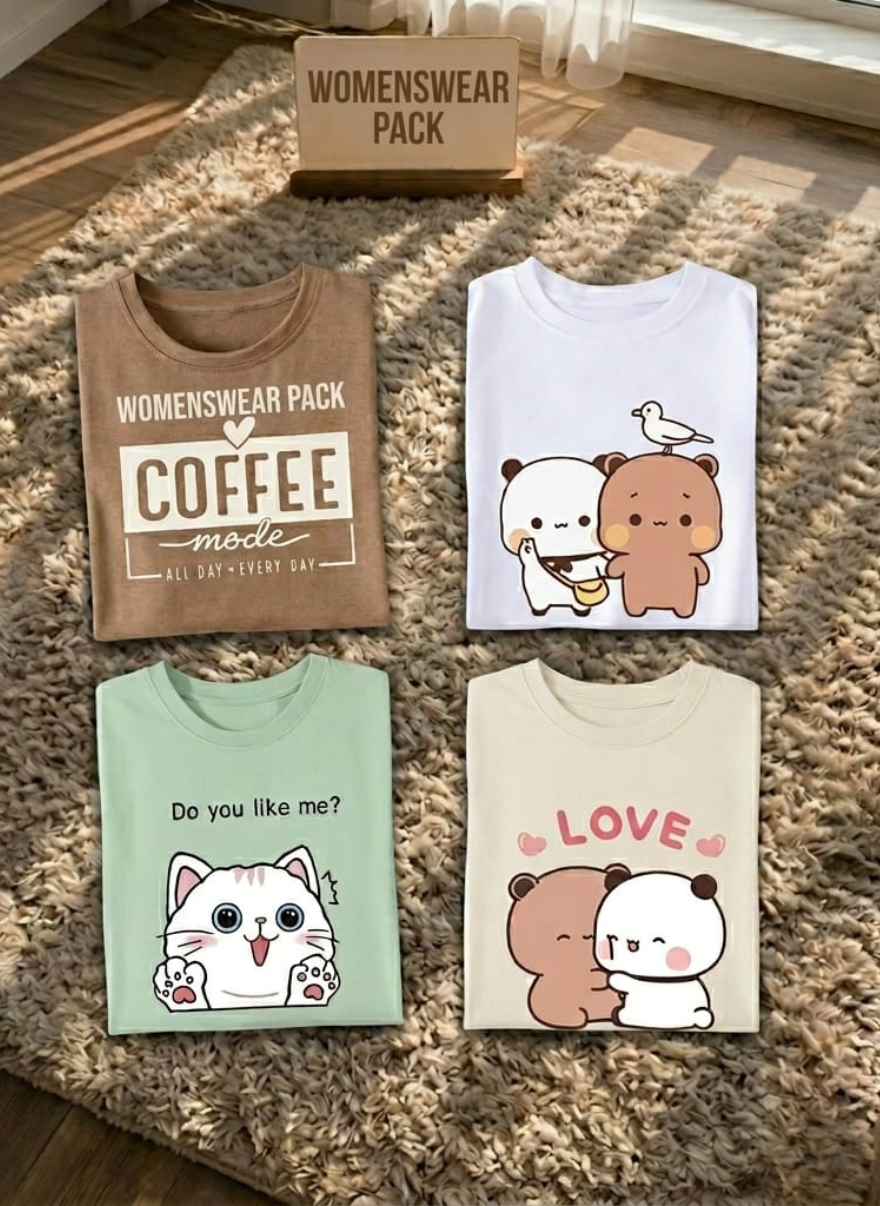 Trendy Women’s Printed T-Shirt Set – Cute Bear, Cat & Coffee Design Casual Wear Pack