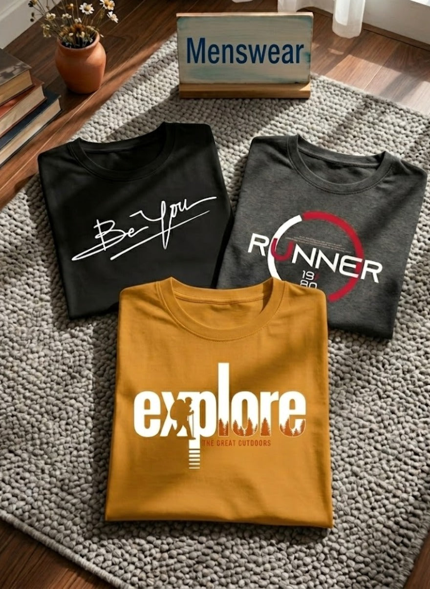 Men's Graphic T-Shirt Pack of 3 – Cotton Casual Printed Tees Summer Collection