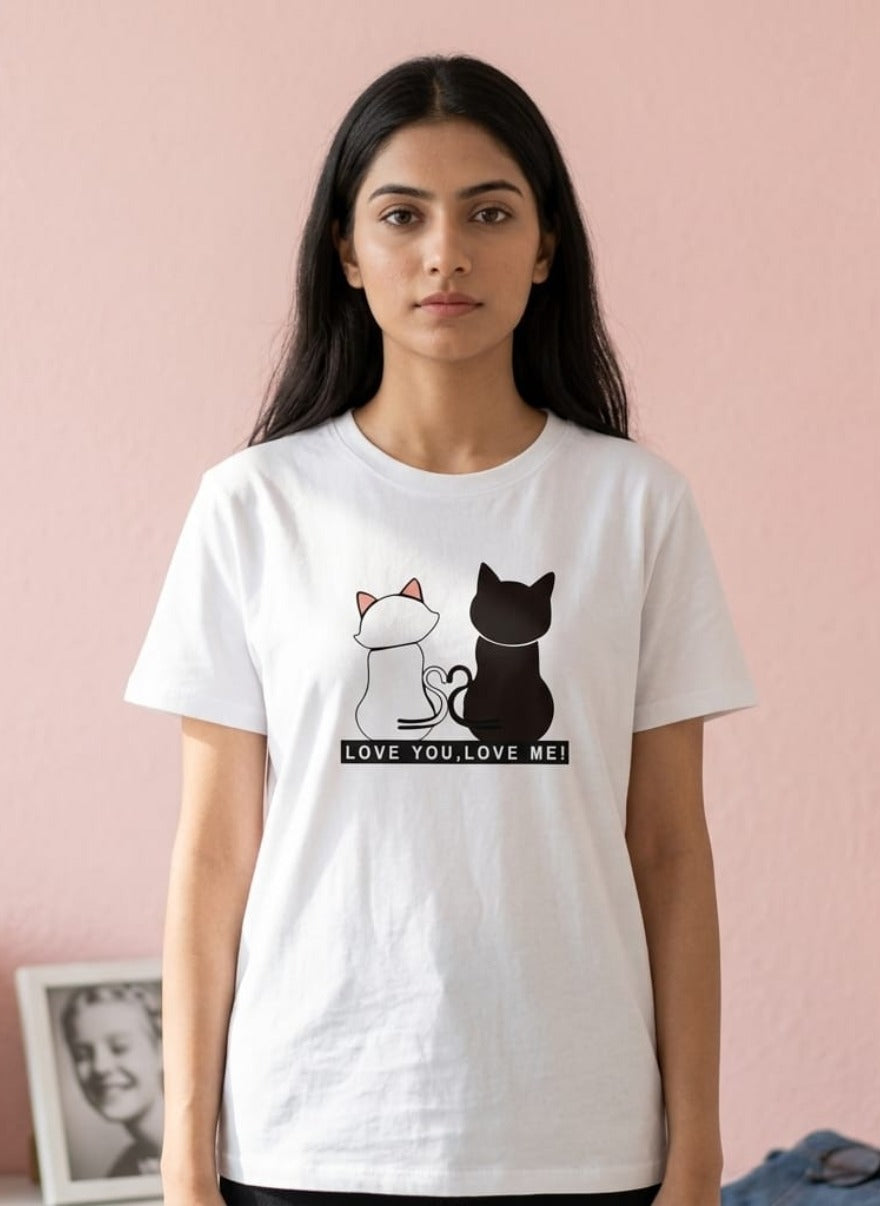Pack of 2 Women's Casual Printed T-Shirts - Daisy Heart & Cat Couple Design