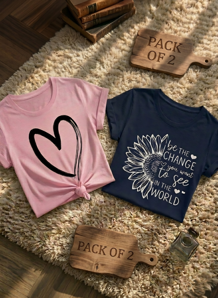 Pack of 2 Women's Graphic T-Shirts - Heart Print & "Be The Change" Sunflower Tee